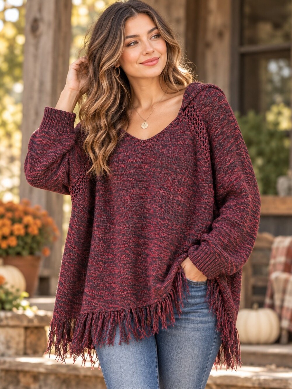 Hippie Laundry Size 2X Burgundy Black Hooded Fringe Boho Sweater